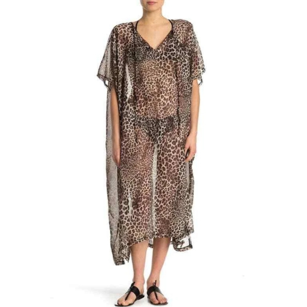 Nordstrom Rack Animal Print Caftan Cover Up‎ lady kimono One Size Brown Leopard